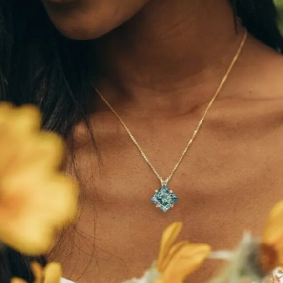 Cyan Moissanite Diamond Princess Cut Necklace NEW - Picture 3 of 6